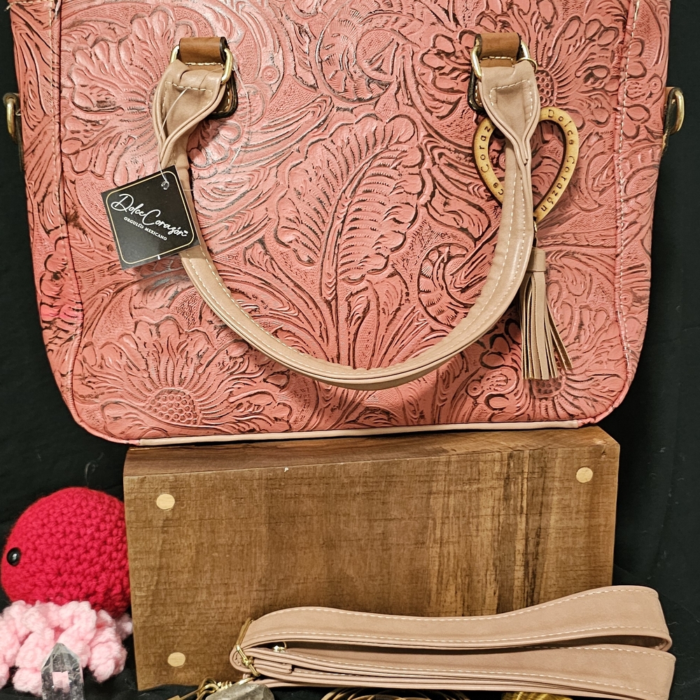 Pink Leather Embossed Floral Handbag by